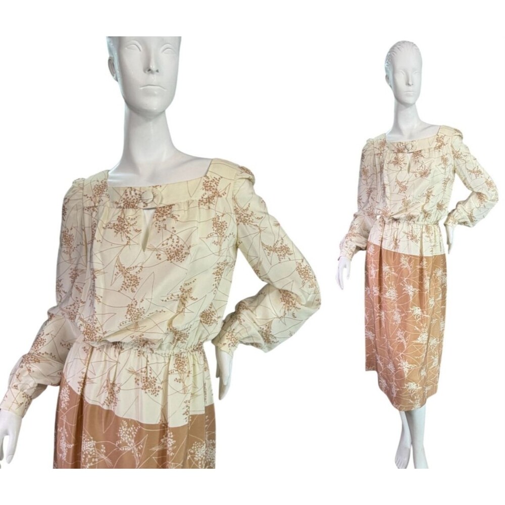 Adele Simpson Vintage 1970's Ivory & Tan Floral Dress Lily of The Valley Print S